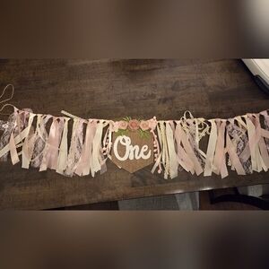 "One" First Birthday Highchair Banner with Pink Floral Accents